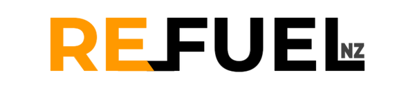 Logo of REFUEL NZ with orange and black text on a white background
